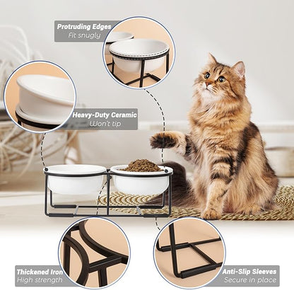 Ceramic Elevated Dog Bowl Set - Double Dog Food and Water Bowls with Metal Stand - Raised Pet Dishes for Puppies and Cats - 1 Cup - 13.5 fl oz - Matte White