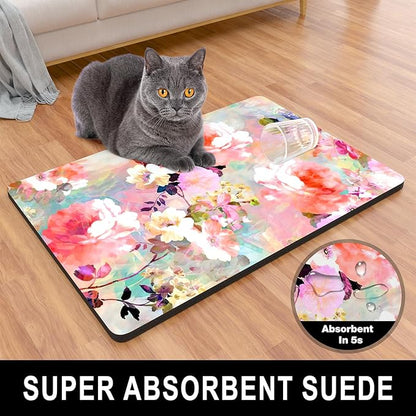 Dog Food Mat, 12" x 19" Flower Absorbent Dog Cat Bowl Mat for Food and Water, Cute Anti-Slip Rubber Pet Feeding Rug Protect Floors, Placemat for Feeding & Watering Supplies, Pink