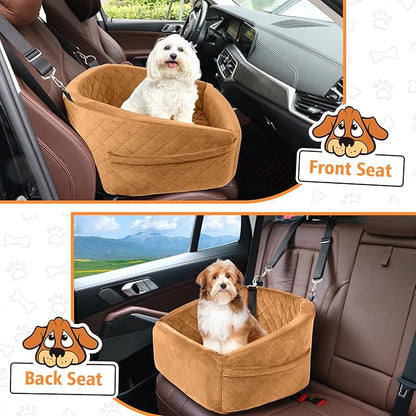 NEEZUKAR Dog Car Seat for Small Medium Dogs,Detachable Washable Dog Booster Seat Under 30lbs,Pet Car Seat Travel Bed with Storage Pockets and Dog Safety Belt（Brown