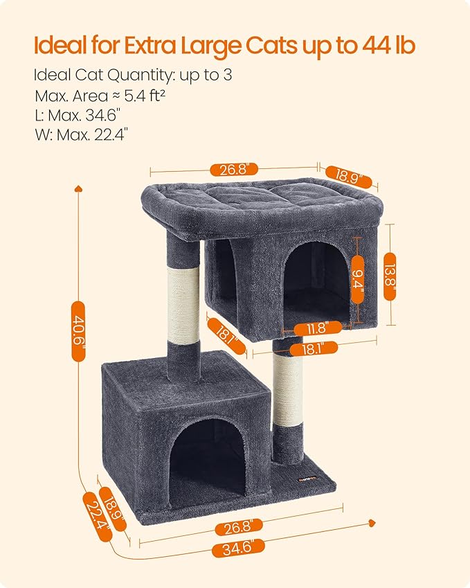 Feandrea Cat Tree, 40.6-Inch Cat Tower, Plush Condo for Extra Large Cats up to 44 lb, Large Perch, 2 Caves, Scratching Post, Smoky Gray UPCT614G01