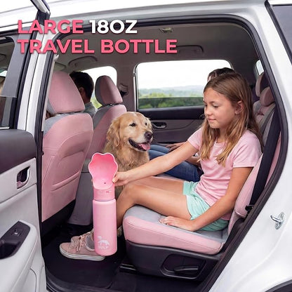 Duna Gulp 18oz Dog Travel Water Bottle with Paw-Shaped Bowl - Insulated Stainless Steel, Leakproof & Portable with Carry Strap for Outdoor Walking, Hiking & Pet Hydration on-the-Go - Pink