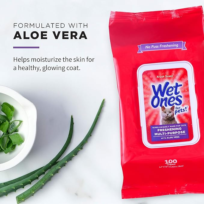 Wet Ones for Pets Freshening Multipurpose Wipes for Cats with Aloe Vera, Fresh Scent - Easy to Use Cat Cleaning Wipes for Pet Grooming, 100 Count - 12 Pack