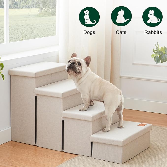 Love's cabin Dog Stairs for Small Medium or Large Dogs with Storage and Adjustable Steps, Foldable Pet Steps for Bed or Couch, 4-Step Beige Folding Cat Ramp with Zip up to 200 lbs, Beige