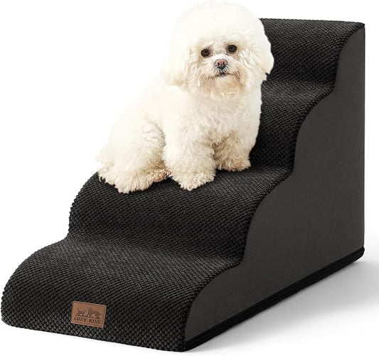 Wide Dog Stairs for Small Dog 19.7" H, Pet Step for Puppy, Older Cat, Curved Ramp for Bed, Durable Anti-Slip Ladder with High Density Foam, 4 Step, 17.7x28x19.7 inch, Black