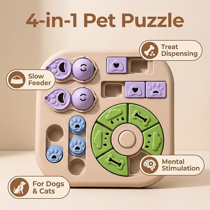 Dog Puzzle Toys, 4-in-1 Interactive Dog Toys for Boredom, Treat Dispensing Slow Feeder for Mental Stimulation, Enrichment Toy for Smart & Beginner Dogs, Khaki