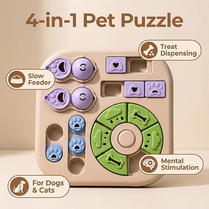 Dog Puzzle Toys, 4-in-1 Interactive Dog Toys for Boredom, Treat Dispensing Slow Feeder for Mental Stimulation, Enrichment Toy for Smart & Beginner Dogs, Khaki