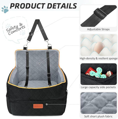 HEGGCOOE Small Dog Car Seat, Memory Foam Dog Booster Seats with Thick Cushion for Medium Dogs Under 35lbs, Detachable Washable Pet Car Seat Bed with Storage Pockets,2 Safety Belts