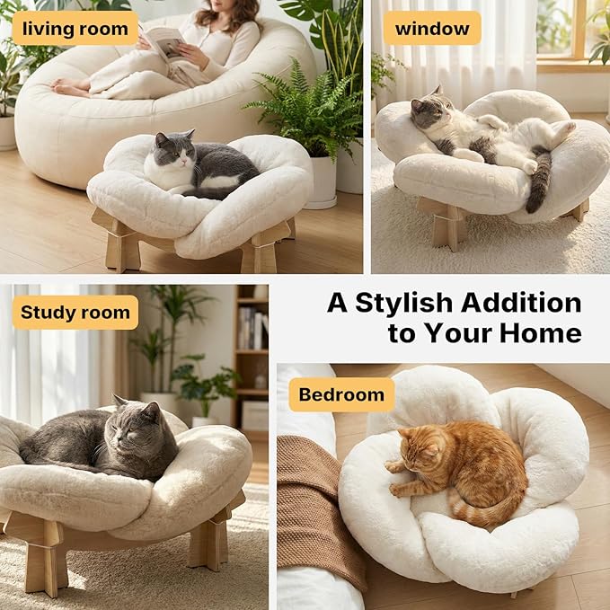 Veehoo Modern Elevated Cat Bed with Washable Fluffy Cushion for Indoor Cats & Small Dogs, Wooden Raised Pet Couch Sofa, Cozy Lounge Chair Suitable for Puppy, Cat Furniture