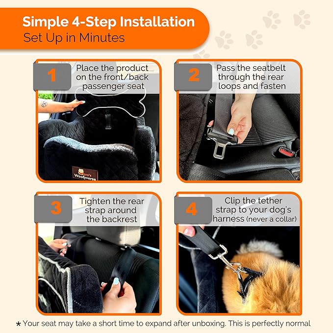 Yara’s Woofyverse Dog Seat for Car – Booster Seat for Small & Medium Dogs with Adjustable Cushions, Fur-Lined Headrest & 6-Pocket Storage – Portable Pet Car Seat for Front/Back Travel – Midnight Ash