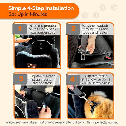 Yara’s Woofyverse Dog Seat for Car – Booster Seat for Small & Medium Dogs with Adjustable Cushions, Fur-Lined Headrest & 6-Pocket Storage – Portable Pet Car Seat for Front/Back Travel – Midnight Ash