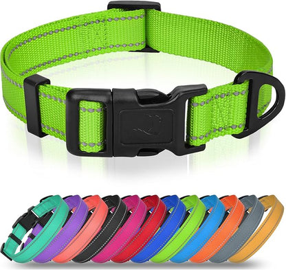 Joytale Dog Collar for Large Dogs, Strong Double-Sided Reflective Nylon Collar for Night Safety, Adjustable Quick-Release for Daily Walking, Green, L (1" Width)