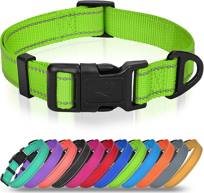 Joytale Dog Collars for Medium Dogs, Comfortable Double-Sided Reflective Nylon Collar for Night Safety, Adjustable Quick-Release for Active Pets, Green, M (1" Width)