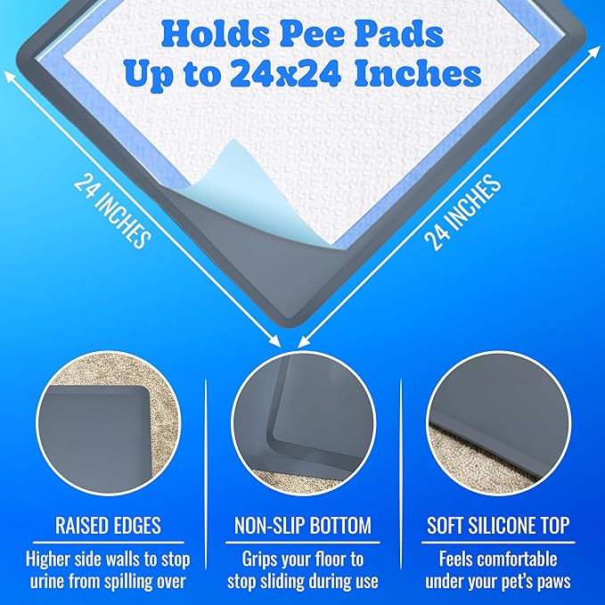 TidyFriend Dog Pee Pad Holder Tray - Fits Up to 24” x 24” Pee Pad Holder for Dogs - Stable Grip, Raised Edges, Quick-Wipe Silicone Surface Dog Pad Holder for Indoor Flooring Protection (Dark Grey)