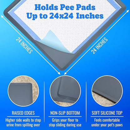 TidyFriend Dog Pee Pad Holder Tray - Fits Up to 24” x 24” Pee Pad Holder for Dogs - Stable Grip, Raised Edges, Quick-Wipe Silicone Surface Dog Pad Holder for Indoor Flooring Protection (Dark Grey)