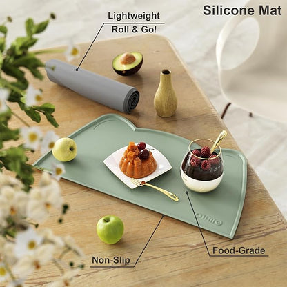 OHMO - Cat Food Mat, Silicone Pet Feeding Mat for Floor Non-Skid Waterproof Dog Water Bowl Tray, Easy to Clean Pet Placemat (Sage Green, 18 * 9.8'')