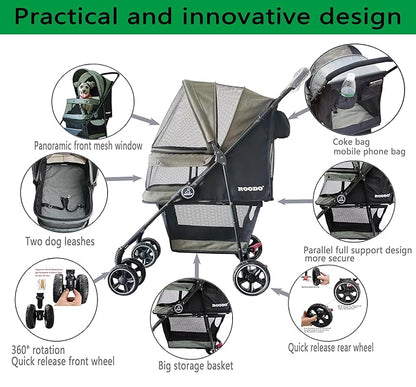ROODO 4 Wheel Dog Cat Pet Stroller Best Lightweight Foldable Compact Portable Jogger All Terrain Travel Pet Gear Puppy Doggie Bunny Kitty Stroller for up to 30lbs Medium Small Dogs Cats(sage Green)