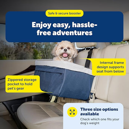 PetSafe Happy Ride Booster Seat for Dogs - Open Road Comfort - Safe Tether System - Zipper Pouch Dog Seat - Machine Washable Fleece Liner - Easy Install Design - Navy - Up to 25 lb
