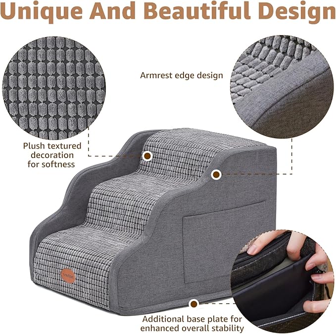 15.7”H Ramp Dog Stairs for Small Dogs, Side Armrest 3 Tier Wider Curved Pet Stairs for Couch and Beds，High-Density Foam Indoor Dog Steps with Non-Slip Bottom and Washable Cover for Old Cats