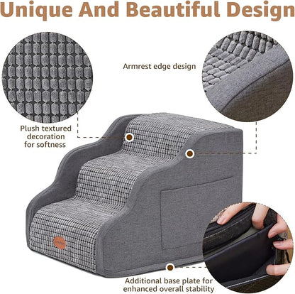 15.7”H Ramp Dog Stairs for Small Dogs, Side Armrest 3 Tier Wider Curved Pet Stairs for Couch and Beds，High-Density Foam Indoor Dog Steps with Non-Slip Bottom and Washable Cover for Old Cats