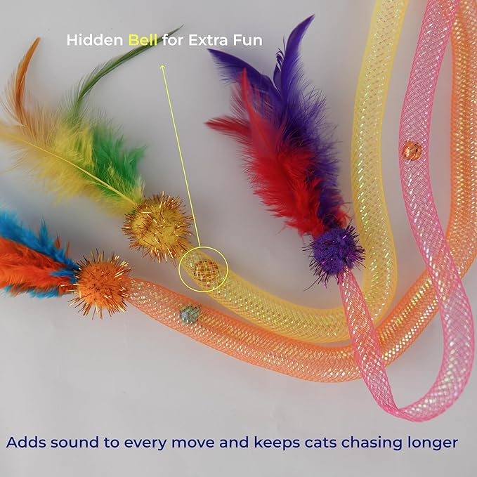 Interactive Cat Wand Toy 3 Pack, Woven Mesh Fishing Pole with Feathers Bell & Pom Pom, Teaser Wand for Bored Indoor Cats and Kittens, Exercise Toy to Stimulate Hunting Instinct — Pink Yellow Orange