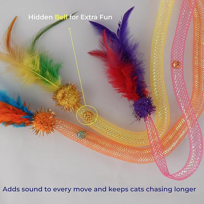 Interactive Cat Wand Toy 3 Pack, Woven Mesh Fishing Pole with Feathers Bell & Pom Pom, Teaser Wand for Bored Indoor Cats and Kittens, Exercise Toy to Stimulate Hunting Instinct — Pink Yellow Orange