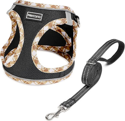 Mercano Soft Mesh Dog Harness and Leash Set, No-Chock Step-in Reflective Breathable Lightweight Easy Walk Vest Harnesses with Safety Buckle for Small Dogs, Cats (Black Yellow, XL)