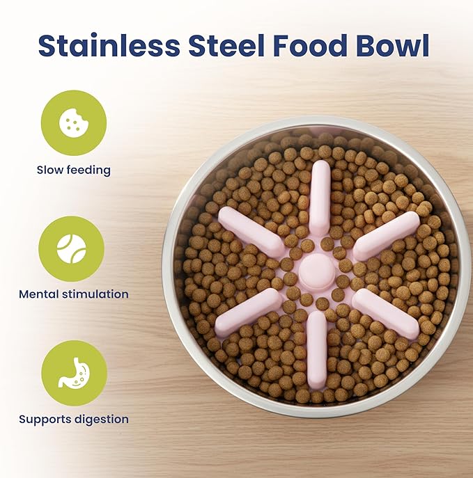 PawsPik 64oz 18/8 Stainless Steel Slow Feeder Dog Bowl, Double-Wall Non-Slip Metal Dog Bowl for Fast Eating Medium & Large Breeds, Detachable Slow Feeder Insert, Dishwasher Safe (Cherry Blossom Pink)