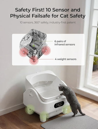 Automatic Self Cleaning Cat Litter Box, Smart Toilet App Control, 360° Dual Safety with 10 Sensors, Auto Leveling 72L Large Litter Box for Multiple Cats, 3 Odor Control, 2.4G&5G WiFi, 6" LED Display