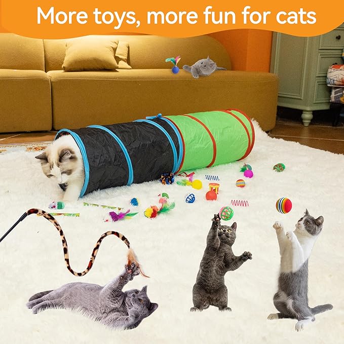 23PCS Assortment of Cat Toys -Foldable Spiral Tunnel,Spring,Mice,Cat Interactive Feather Teaser Wand Ball Toy, Colorful Balls & Bells for Kittens, Cats, and Puppies!