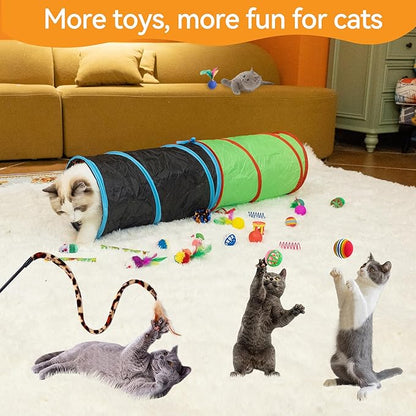 23PCS Assortment of Cat Toys -Foldable Spiral Tunnel,Spring,Mice,Cat Interactive Feather Teaser Wand Ball Toy, Colorful Balls & Bells for Kittens, Cats, and Puppies!