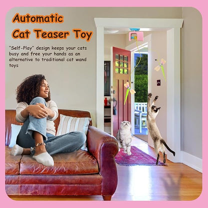 Automatic Hanging Cat Toy for Indoor Cats, Electric Doorway Cat Teaser with Motion Sensor, Quiet Motor & Retractable Rope, Includes 3 Replaceable Feather Attachments, USB Rechargeable, Pink