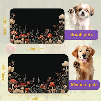 Vintage Mushroom Flower Pet Feeding Mat, Absorbent Dog Cat Bowl Pad, Fast Dry, Waterproof Rubber Back – 16x24 Inch
