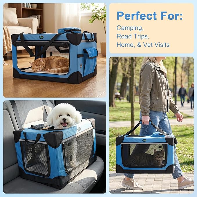 Ownpets Extra Large Cat Carrier for 2 Cats Small Dogs, 24 Inches Collapsible Soft Dog Crate for Car Travel, Portable Pet Carrier with Soft Mat, Blue