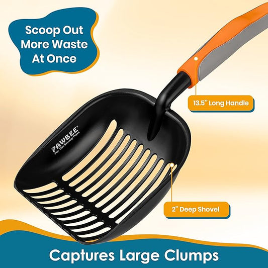 PAWBEE Premium Non-Stick Metal Cat Litter Scooper with Holder, Deep Shovel Poop Scoop, Long Non-Slip Handle
