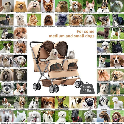 Double Pet Stroller, Foldable Stroller for 2 Dogs & Cats, Two-Seater Carrier Twin Dog Walk Jogger Travel Pet Carriage Cart with Storage, Beige