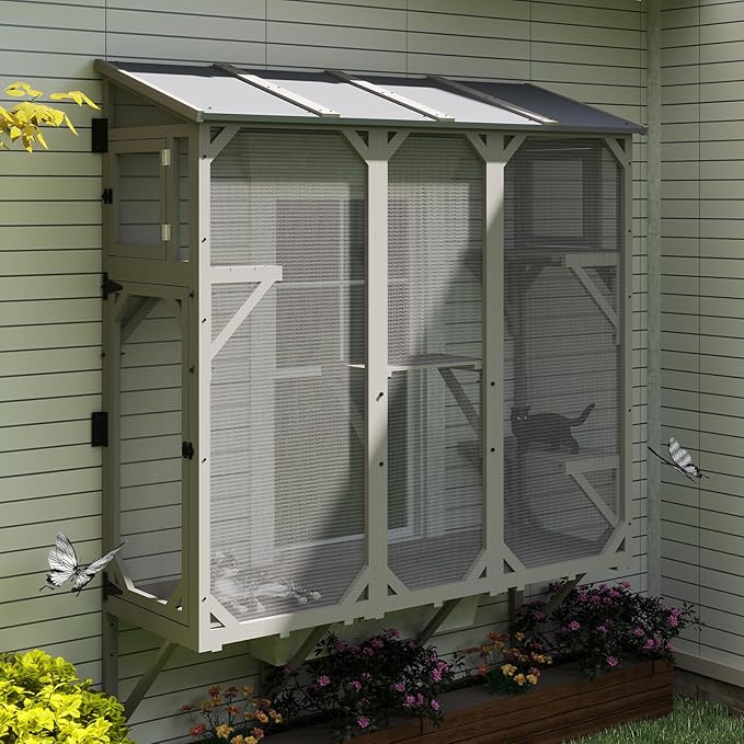Large Window Catio Cat Window Box, Expandable Cat Catio for Indoor Cats, Outdoor Enclosure with 4 Platforms, 3 Doors for Sunbathing, Napping, Overlooking, All Weather Use