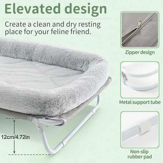 Sunhoo Elevated Cat Bed Foldable Raised Pet Hammock Self-Supporting Puppy Lounger with Off Floor Metal Frame Washable Cover for Small Dog Kitten Indoor Use 25.2x15.75x7.48 in（Grey）