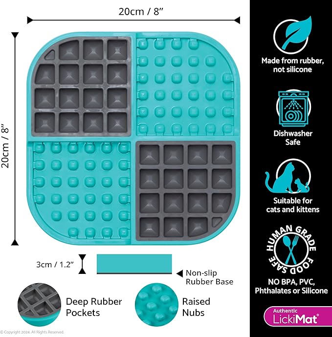 LickiMat Slomo, Cat Slow Feeder Lick Mat, Boredom Anxiety Reducer; Perfect for Food, Treats, Yogurt, or Peanut Butter. Fun Alternative to a Slow Feed Cat Bowl or Dish, Turquoise