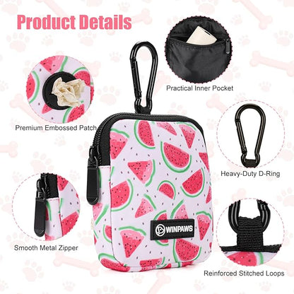 Dog Treat Pouch with Training Clicker,Waterproof Nylon Fabric Poop Bag Holders for Leashes,Hands Free Small Dog Walking Bag with Carabiner, Pet Puppy Training Walking Essentials (Watermelon)