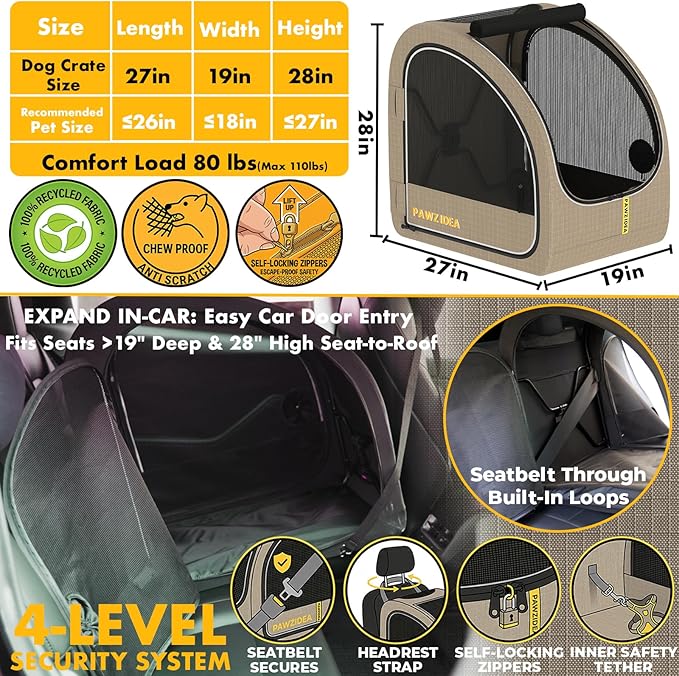 PAWZIDEA Portable Dog Crate for Car, 45% Extra Tall Travel Kennel for Medium & Large Dogs up to 80lbs Sit Upright, Enclosed Soft-Sided Backseat Carrier Collapsible, Secure w/Seatbelt & Headrest Strap