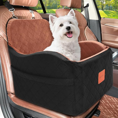 Dog Car Seats for Small/Medium Dogs, Memory Foam Dog Booster Seat for Dogs up to 35 lbs, Travel Safety Pet Car Seat with Washable Removable Cover and Storage Pockets (Black/Brown, Medium)