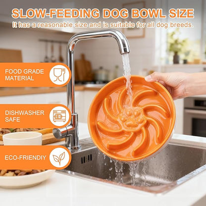 Ceramic Slow Feeder Dog Bowl, 1.5 Cup Dog Food or 20oz Water, Slow Eating Bowl for Small Breed, Maze Puzzle Feeder for Fast Eaters, Anti-Choking Stop Bloat, Non-Slip BPA Free (Orange)