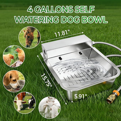 Automatic Dog Water Dispenser with Drain Hole & Sink Strainer, Stainless Steel Auto Dog Water Bowl with Float Valves, Hose Quick Connect Fitting, for Livestock, Chicken, Horse (4 Gallons)