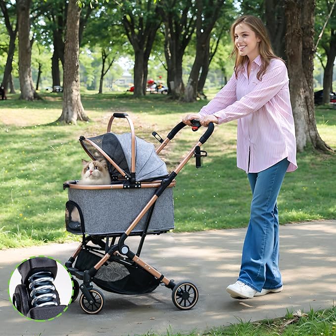 Dog Stroller for Dogs - 3 in 1 Pet Stroller with Detachable Storage Basket 4 All-Terrain Rubber Wheels Pull Rod Durable Travel Carrier for Max 33 lbs Medium Dogs 2 Small Cats (Grey)