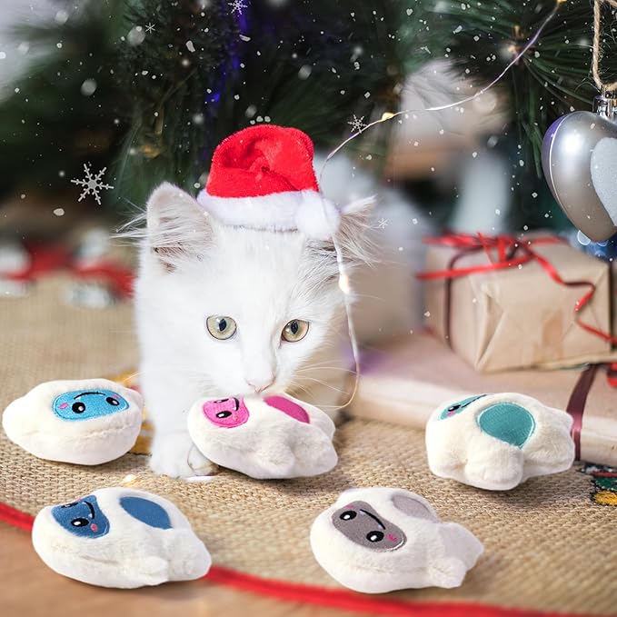 MALLMALL6 Snow Monster Catnip Toys - 5Pcs Funny Catmint Interactive Cat Toy for Indoor Kitten, Soft Plush with Cute Expression Supplies, Kitty Teething Chew Toy Set Xmas Gifts for Cat Lover