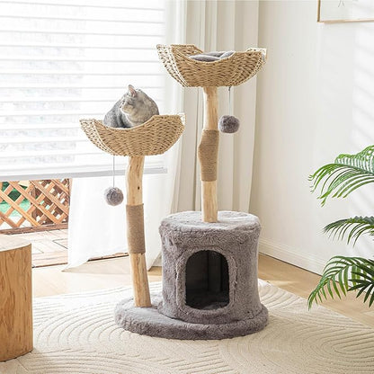 Modern Cat Tree for Indoor Cats Large Adult, 46.5" Tall Wooden Cat Tower for Large Cats with Scratching Post, Luxury Cat Condo, Grey