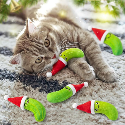 MALLMALL6 Catnip Toys for Cat - 5Pcs Christmas Pickle Catmint Interactive Cat Toy for Indoor Cats, Soft Santa Hat Kitten Supplies, Kitten Teething Chew Toy Set, Pet Xmas Gifts for Kitty Lover