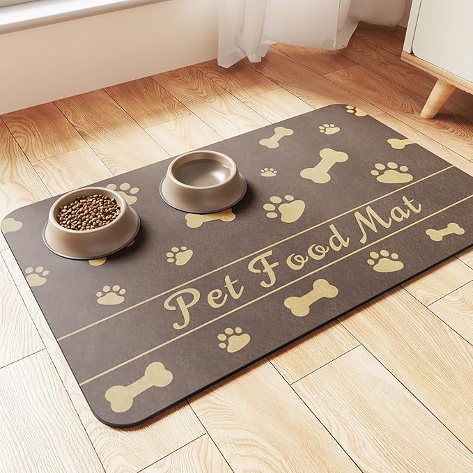 Pet Feeding Mat-Absorbent Pet Placemat for Food and Water Bowl, with Waterproof Rubber Backing, Quick Dry Water Dispenser Mat for Dog and Cat (24"x16", Brown)