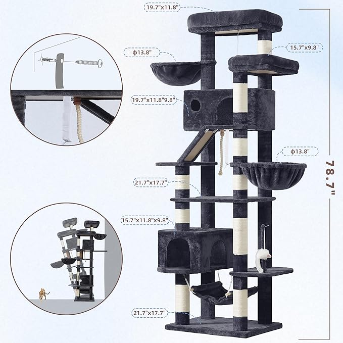 Cat Tree for Large Cats, 78.7"(200cm) Tall Cat Tower for Indoor Cats Multiple Cats with Large Top Perch, Cat Condo, Cat Hammcok, Cat Scratching Post, Dark Gray GCT031G
