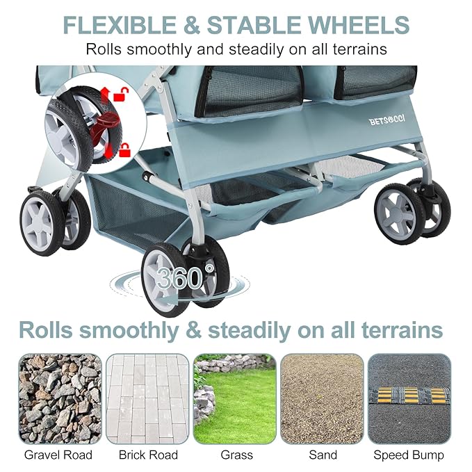 Double Pet Stroller for 2 Small Dogs & Cats, Side-by-Side Twin Travel Carriage with Safety Leashes, Mesh Windows & Double Storage Baskets, Lightweight & Foldable, 44lbs Capacity, Light Blue